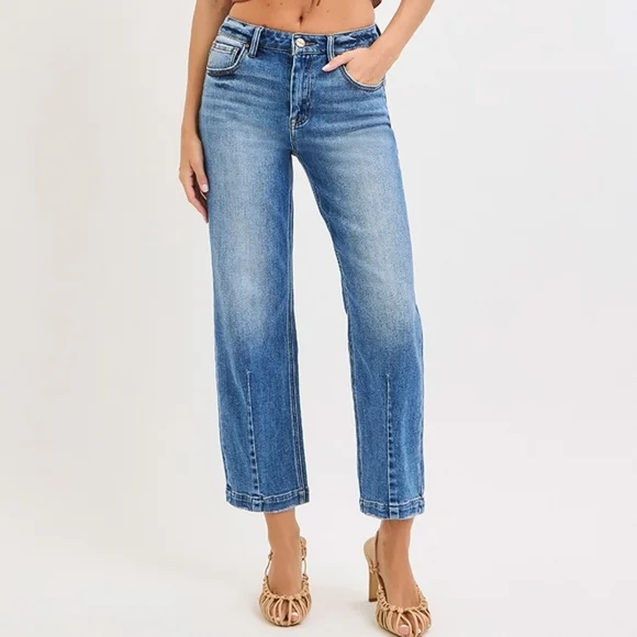 RISEN Barrel Jeans High-rise Boyfriend Vertical Seam Cropped Denim Distressed - Picture 13 of 16